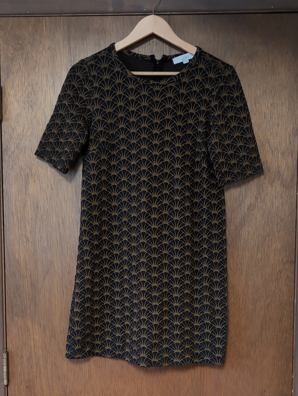 Ann Taylor Black Dress with Gold Fan-Print Shift